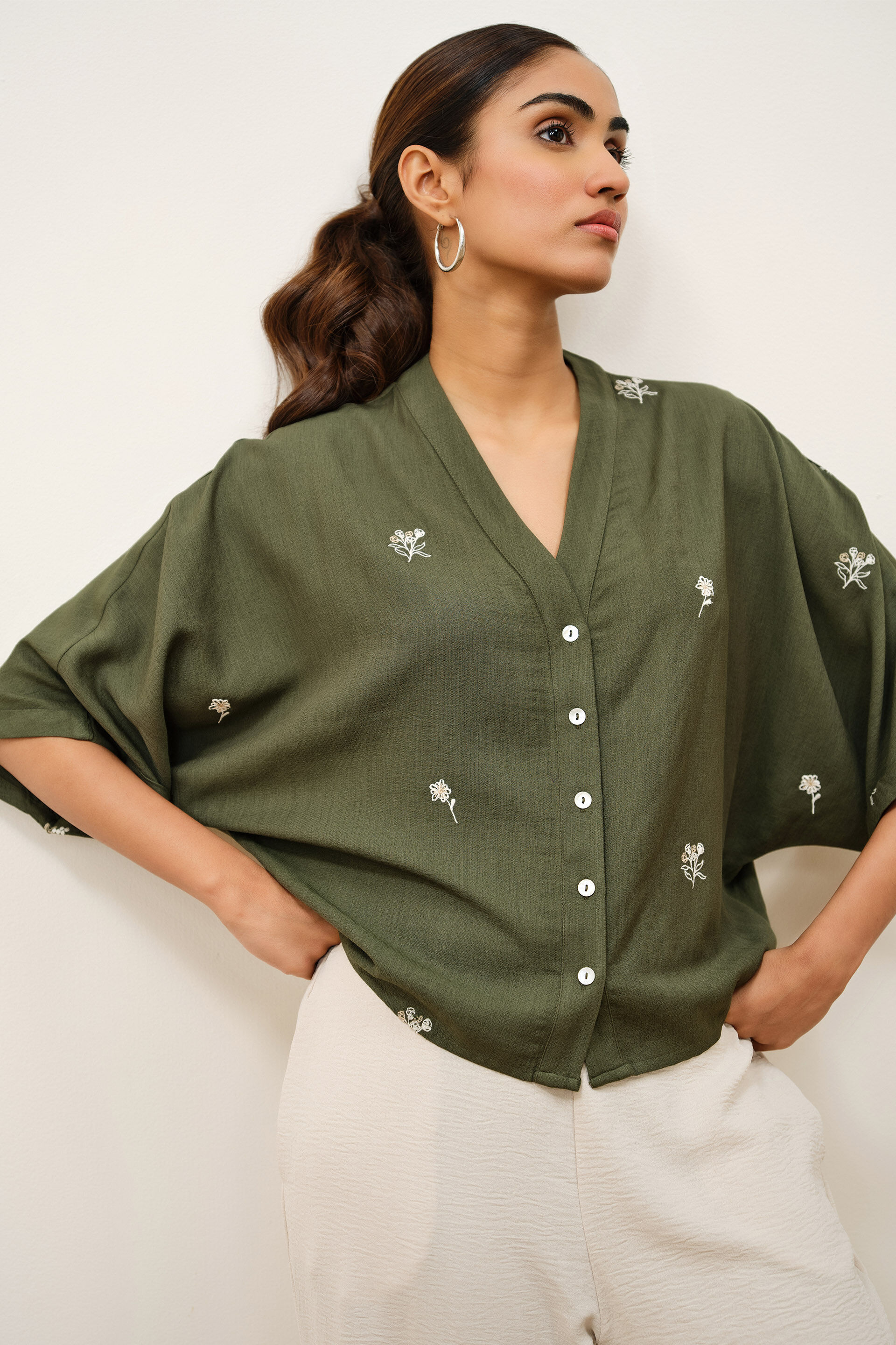 Olivae Embroidered Shirt, Olive, image 2